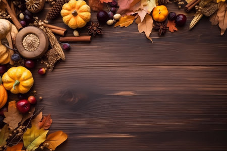 Fall background for Thanksgiving with orange pumpkins and fall leaves on a wooden table, generative AIの素材