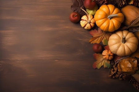 Fall background for Thanksgiving with orange pumpkins and fall leaves on a wooden table, generative AIの素材