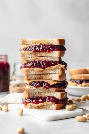 Peanut butter and jelly sandwiches stacked high on white surface, generative AIの素材