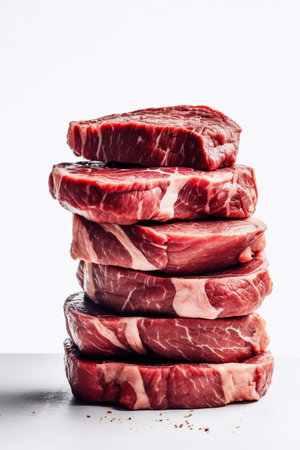 Raw beef steaks stacked high on white background, generative AIの素材