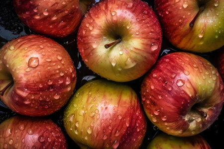 Fresh apples filling the entire frame with droplets of water, fruit harvest, generative AIの素材