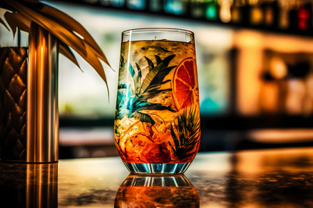 Fantasy tropical colorful cocktail in a glass on a bar counter with a blurred bar background, original cocktail idea, generative AIの素材