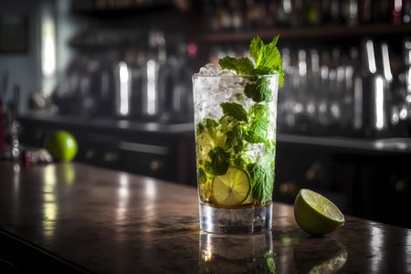 Classic mojito cocktail on a bar counter in a dark atmospheric bar, generative AIの素材