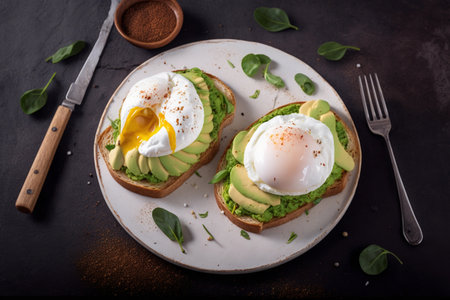 Two pieces of toast topped with avocado and poached eggs with a runny yolk, generative AIの素材