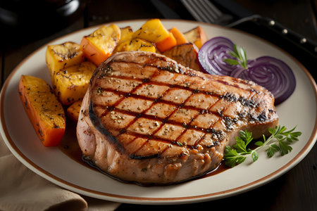 Grilled pork chop ready to eat on a plate with grilled marks, generative AIの素材