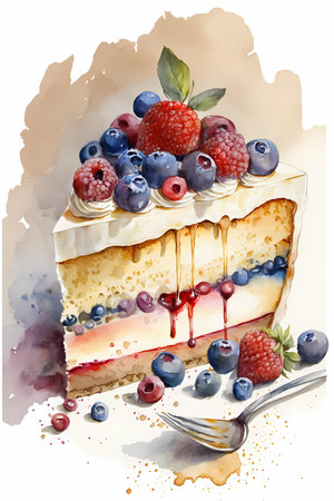 Slice of vanilla cake topped with berries and whipped cream frosting , watercolor illustration, generative AIの素材