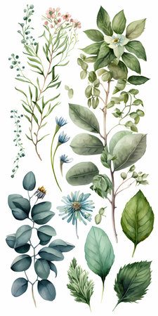 Variety of leaves and plants and flowers background, watercolor illustration, generative AIの素材
