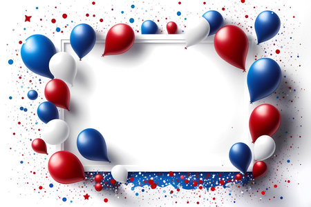 White frame on white background with little red, white and blue balloons and confetti, generative AIの素材