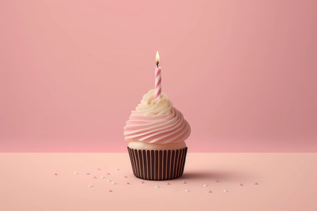 Birthday cupcake with a lit candle on a light pink background with copy space, generative AIの素材
