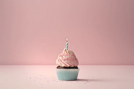 Birthday cupcake with a lit candle on a light pink background with copy space, generative AIの素材