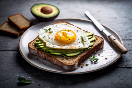 Wholegrain toast topped with avocado and fried egg with a runny yolk, generative AIの素材