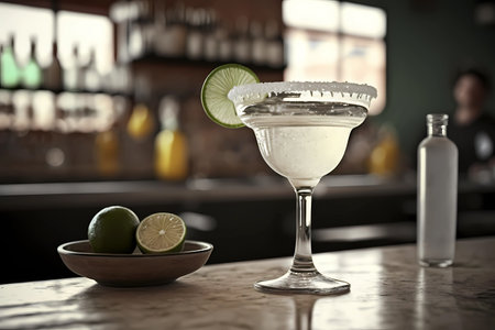 Classic margarita cocktail on a bar counter in a dark atmospheric bar, generative AIの素材