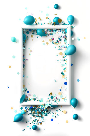 White frame on white background with little blue balloons and confetti, generative AIの素材