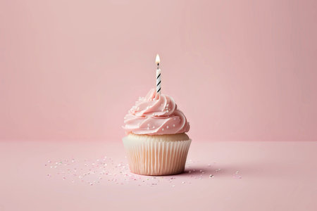 Birthday cupcake with a lit candle on a light pink background with copy space, generative AIの素材