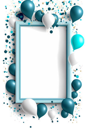 White frame on white background with little blue balloons and confetti, generative AIの素材