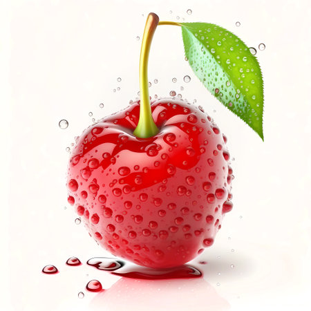 Ripe red cherry with grean leaves and droplets of water on white background, generative AIの素材