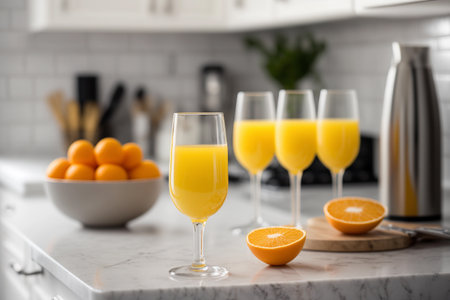 Mimosa cocktail in flute glasses on a kitchen countertop, generative AIの素材