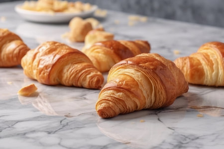 Freshly baked flaky golden croissants on a marble surface, generative AIの素材