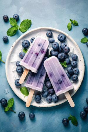 Homemade blueberry yogurt popsicles on a plate with ice and berries, generative AIの素材