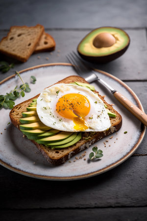 Wholegrain toast topped with avocado and fried egg with a runny yolk, generative AIの素材