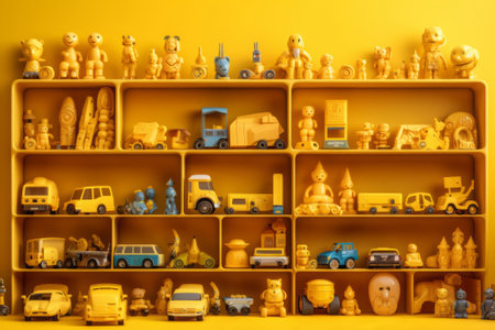 Many little yellow objects arranged neatly in rows, set of weird little funny objects, generative AIの素材