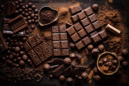 Chocolate background with chocolate bars, chips and cocoa powder, overhead view, generative AIの素材