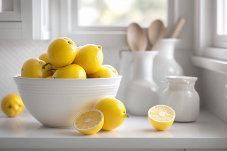 Bowl of lemons in a white and bright kitchen on a marble countertop, generative AIの素材