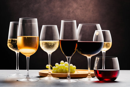 Variety of wine glasses with red, white and rose wine, generative AIの素材