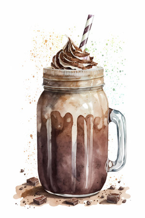 Chocolate smoothie or milkshake in a mason jar, watercolor style illustration, generative AIの素材