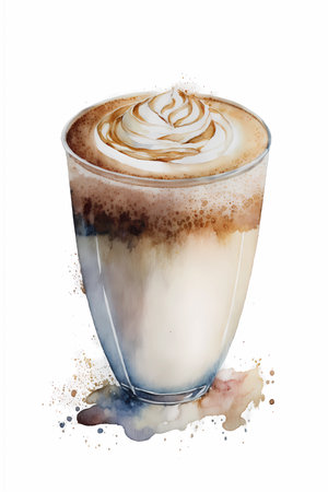 Coffee latte in a glass cup, watercolor style illustration, generative AIの素材