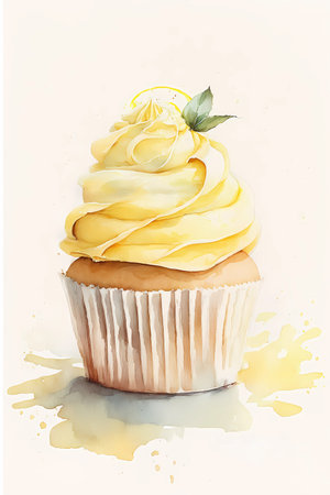 Lemon cupcake on white, watercolor style illustration, generative AIの素材