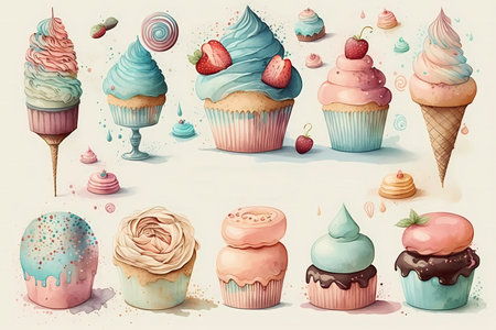 Set of vintage desserts illustrations with cupcakes and ice creams, generative AIの素材