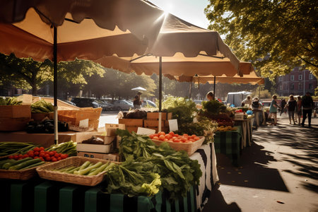 Farmers market stall on a sunny day with fruits and vegetables in crates, generative AIの素材