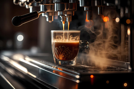 Cup of coffee being filled with hot espresso with thick crema and steam coming out, generative AIの素材