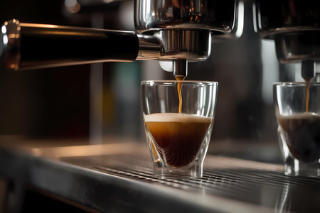 Cup of coffee being filled with hot espresso with thick crema and steam coming out, generative AIの素材
