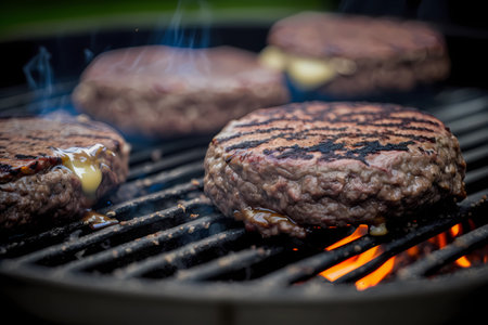 Juicy beef patties for hamburgers being grilled on a charcoal grill grate with flames underneath, generative AIの素材