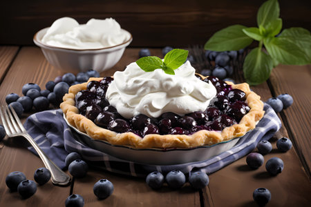Blueberry pie whole on a wooden board, freshly baked summer berry dessert topped with whipped cream, generative AIの素材