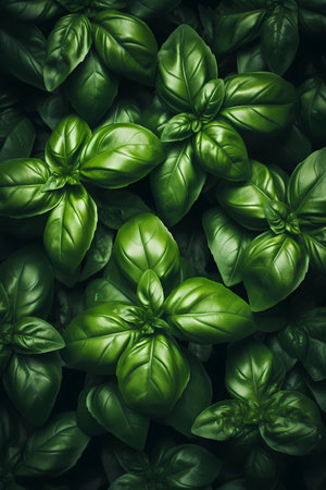 Fresh green basil leaves filling the entire frame, bunch of fresh herbs, generative AIの素材