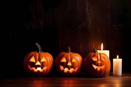 Halloween background with carved pumpkins Jack o Lanterns with glowing faces, generative AIの素材