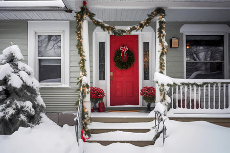 Cute and cozy cottage house with Christmas decorations covered in snow with a wreath on the door, generative AIの素材