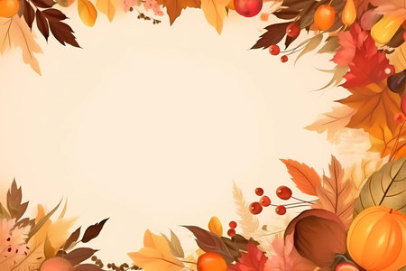 Fall or Thanksgiving background art with fall leaves and pumpkins with copy space, watercolor style, generative AIの素材