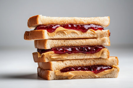 Peanut butter and jelly sandwiches stacked high on white surface, generative AIの素材