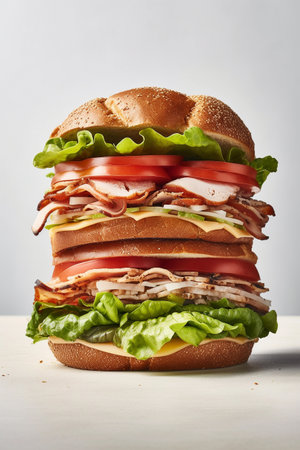 Turkey, lettuce and tomato sandwiches stacked high on white background, generative AIの素材