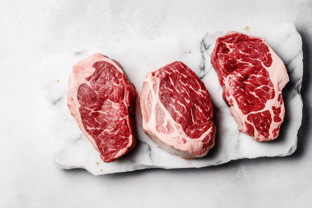 Raw beef steaks on a marble board with herbs and seasonings, generative AIの素材
