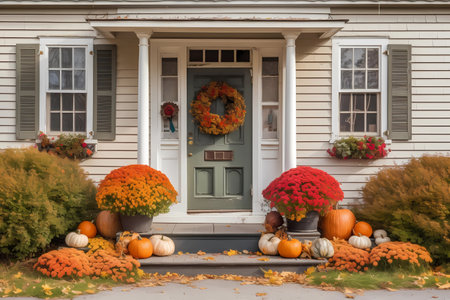 Cute and cozy cottage house with fall Thanksgiving decorations, pumpkins on the front porch and a wreath, generative AIの素材