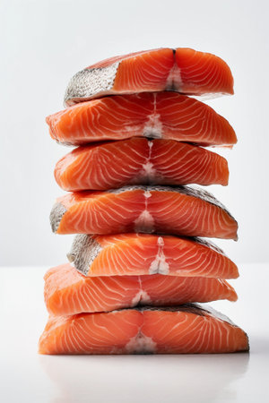Raw salmon fillets stacked high on white background, generative AIの素材