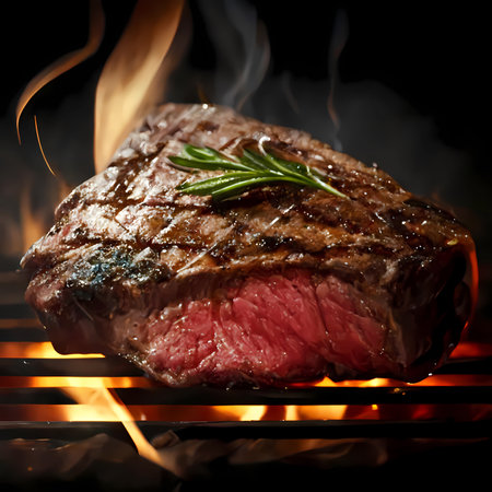 Grilled beef steak medium rare on a grill grate with flames and smoke under it, generative AIの素材
