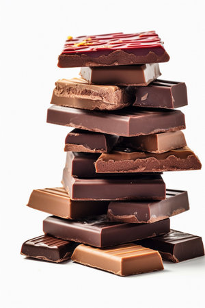 Chocolate bars of different flavors in a tall stack on white background, generative AIの素材