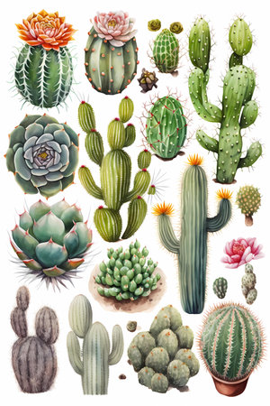 Many different cacti on white, cactus with flowers, watercolor style illustration, generative AIの素材