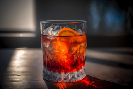Classic negroni cocktail on a bar counter in a dark atmospheric bar, generative AIの素材